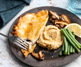 Poisson blanc au miso avec haricots verts et purée de pois chiches