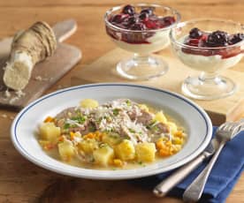 Menü: Wurzelfleisch; Sahne-Grießpudding mit Beerenröster