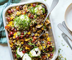 Salade de lentilles aux raisins, figues, potimarron et mozzarella aux herbes