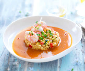 Brochette de langoustines et leur bisque, blé aux petits légumes