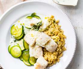 Cabillaud sauce coco-menthe, courgettes et quinoa aux oignons