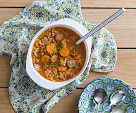 Barley, bacon and chorizo soup