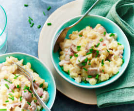 One pot fusilli aux champignons, lardons et ricotta