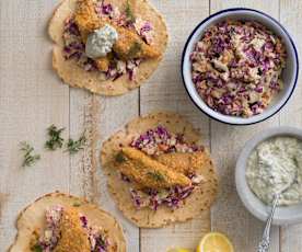 Quinoa crumbed fish with slaw