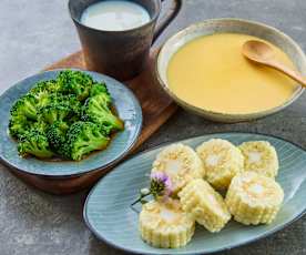 早餐（蒸水果玉米和西兰花、鸡蛋羹、低脂牛奶）