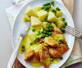 Hähnchen mit Kartoffeln, Erbsen und Orangen-Frischkäse-Sauce