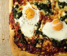 Pizza with Tomato, Red Pepper Sauce, Spinach and Eggs