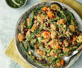 Sweet and Savoury Amaranth Salad with Cumin Roasted Veg, Pomegranate and Hazelnut