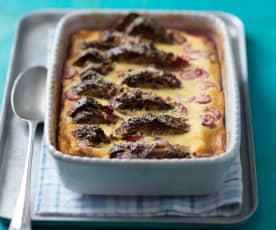 Rhubarb and ricotta bread and butter pudding