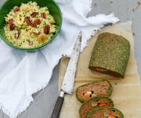 Rolo de seitan recheado com arroz de champanhe