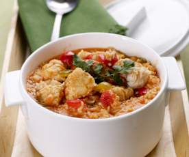 Pescado en caldo de arroz con verduras