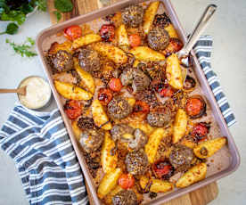 Cheeseburger Meatball and potato wedge traybake