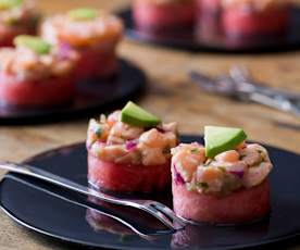 Watermelon and salmon ceviche stack