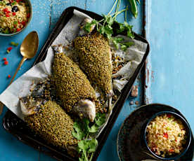 Douradas com crumble de avelã e bulgur de legumes