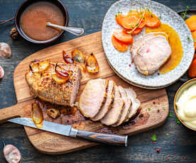 Rôti de veau, sauce au cidre, purée de panais et carottes Vichy
