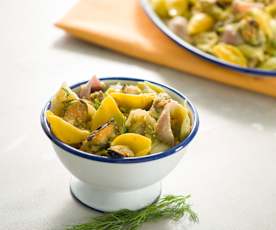 Conchas de pasta con marisco y tapenade