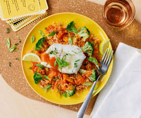 Fisch mit Gemüse, Reis und Tomaten-Sauce