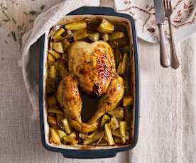 Frango com legumes e azeite de rosmaninho e manjericão