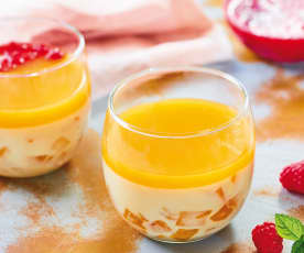 Pannacotta à la mangue, coulis de framboises