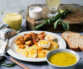 Crema de verduras, pollo en salsa de mostaza con patatas y huevo duro