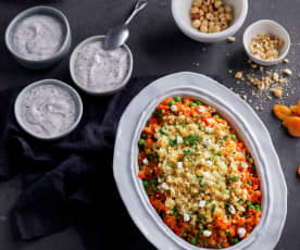 Menú: Cuscús con verduras, albaricoques y queso feta. Crema de stracciatella