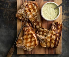 Cider-brined pork chops with apple dressing