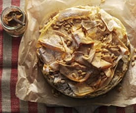 Pastilla koláč plněný kachním masem, meruňkou a piniovými oříšky