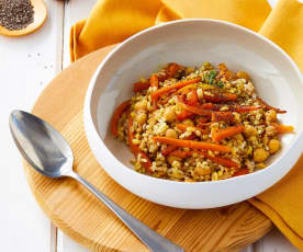 Insalata di cereali con carote al curry, tonno e ceci