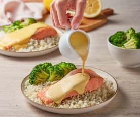 Salmon with Lemon Hollandaise, Broccoli and Rice