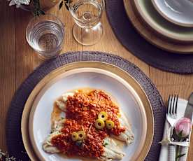 Merluzzo al vapore con salsa al pomodoro e olive