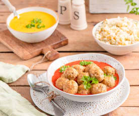 Zupa krem z marchewki i imbiru; Pulpety rybne z warzywnym ryżem i sosem pomidorowym