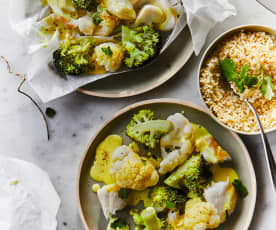 Papillotes de brocoli et chou-fleur au cabillaud, sauce au curry