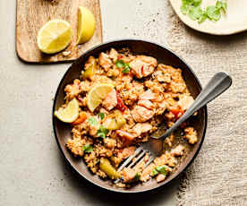 Arroz con salmón y champiñones