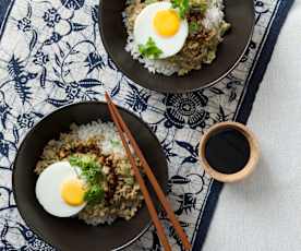 Coconut rice with Asian inspired pork and eggs