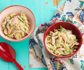 Orzo with Salmon, Green Beans and Avocado Sauce