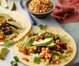 Mexican Black Bean Tacos with Sweetcorn Salsa and Avocado