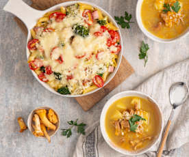 Krupnik z kurkami; Zapiekanka makaronowa z szynką