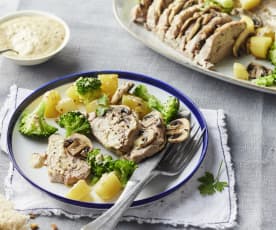 Filet mignon de porc à la moutarde, aux pommes de terre et au brocoli