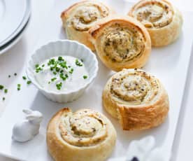 Potato and Taleggio Roly-polies with Chive Dip