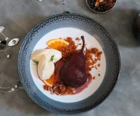 Spiced poached pears with vanilla cheesecake and gingernut crumb