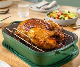 Peruvian roast chicken with green sauce and avocado salad