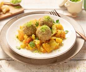 Grünkernknödel mit Wurzelgemüseragout