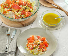 Ensalada de ahumados con vinagreta de alcaparras, mostaza y miel