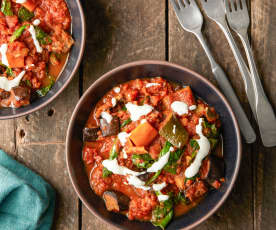 Aubergine and Sweet Potato Shakshuka with Garlic Cashew Cream