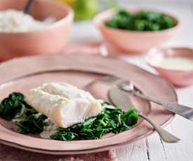 Steamed Cod, Rice and Spinach in Lemon Sauce