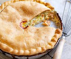 Tourte aux poireaux,  truite fumée et ciboulette