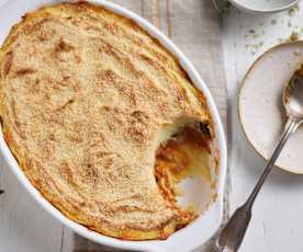 Parmentier vegetariano con boloñesa de lentejas y berenjena