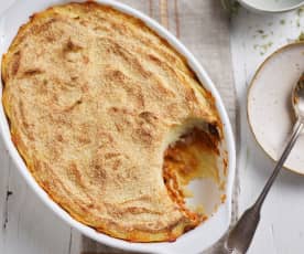 Parmentier vegetariano con boloñesa de lentejas y berenjena