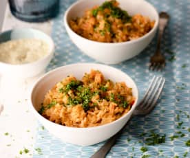 Duas refeições: Arroz com legumes e Peixe com batata, brócolos e molho de alcachofra