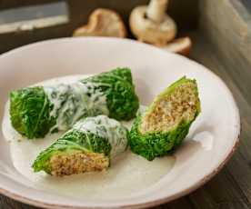 Millet-stuffed cabbage rolls with mushroom sauce